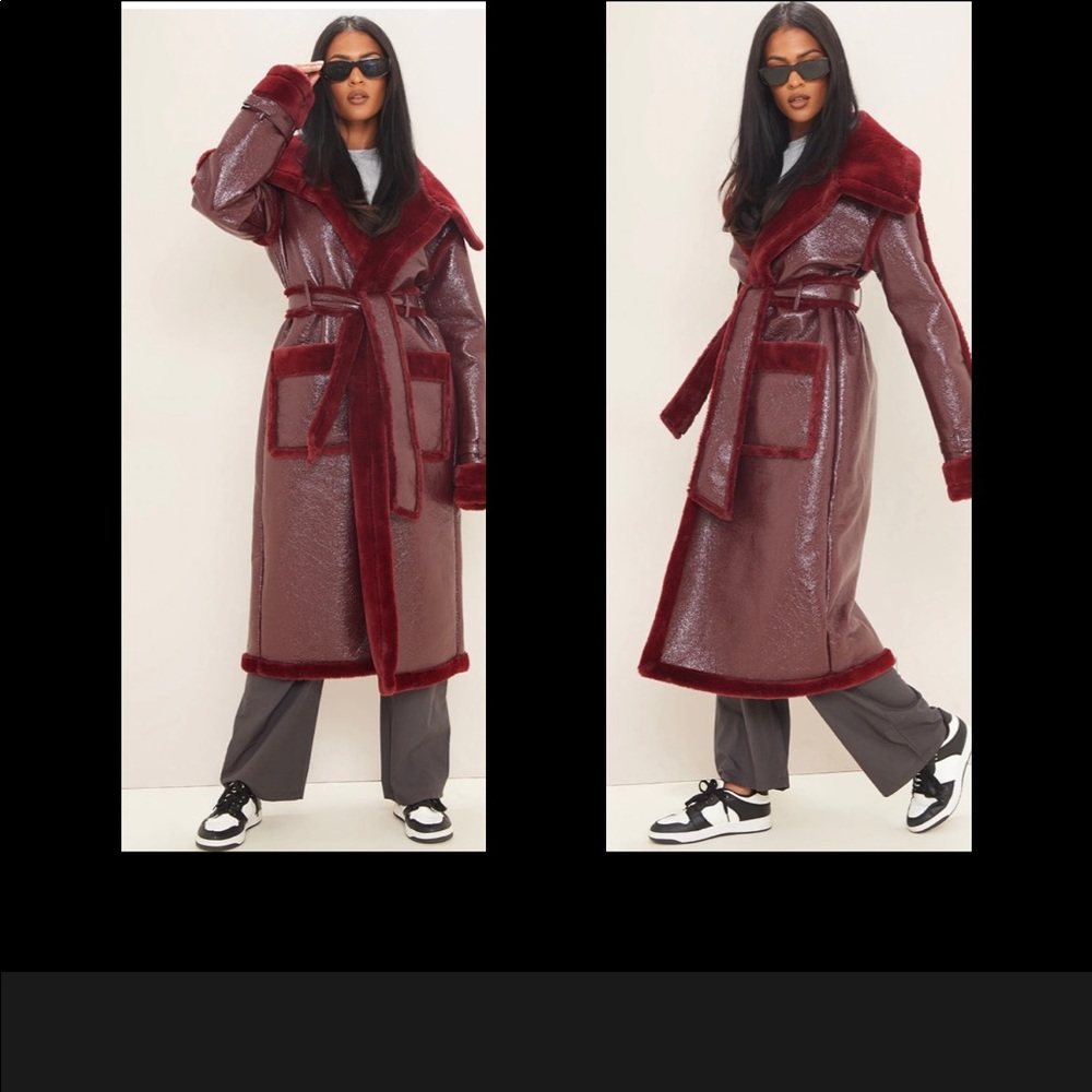 Pretty Little Things Tall Burgundy Vinyl Contrast Faux Fur Midi Coat *Like NEW*